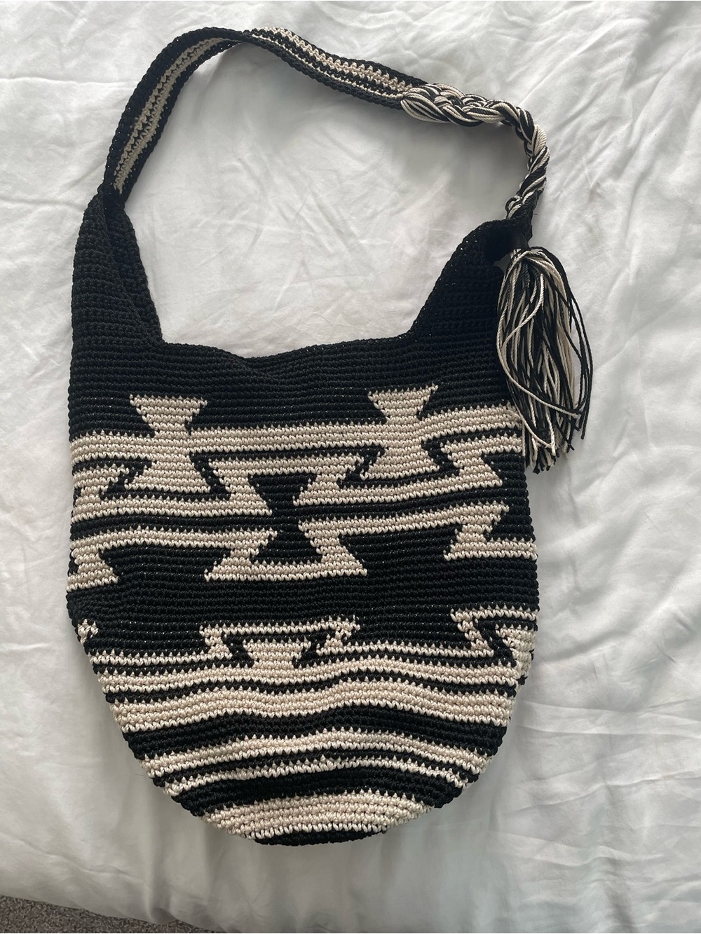 The Sak Handwoven Black and Cream Crochet Shoulder Bag